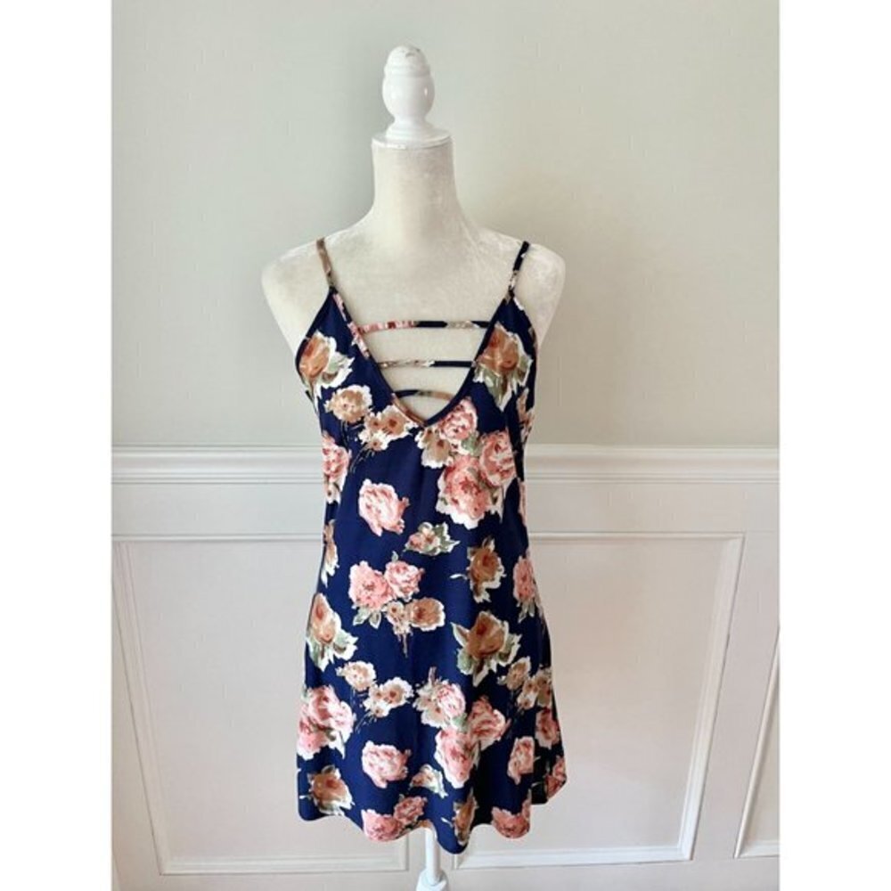 Floral Strappy Mini Dress Navy Blue Small - Picture 2 of 4